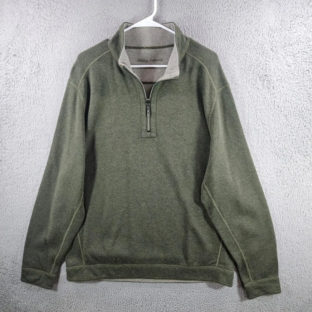 Tommy Bahama Mens Olive Green Heathered Cotton Tencel Quarter Zip Pullover‎ XL